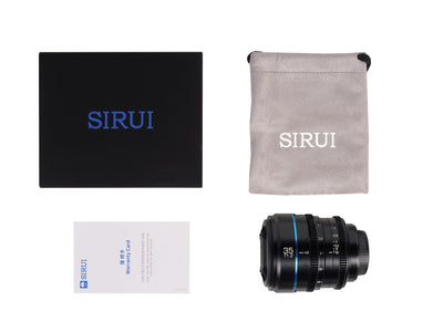 Sirui Night Walker 35mm box contents: box, pouch, lens and warranty card