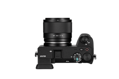 Viltrox Air AF 35mm f/1.7 E lens on a Sony A6700, top view