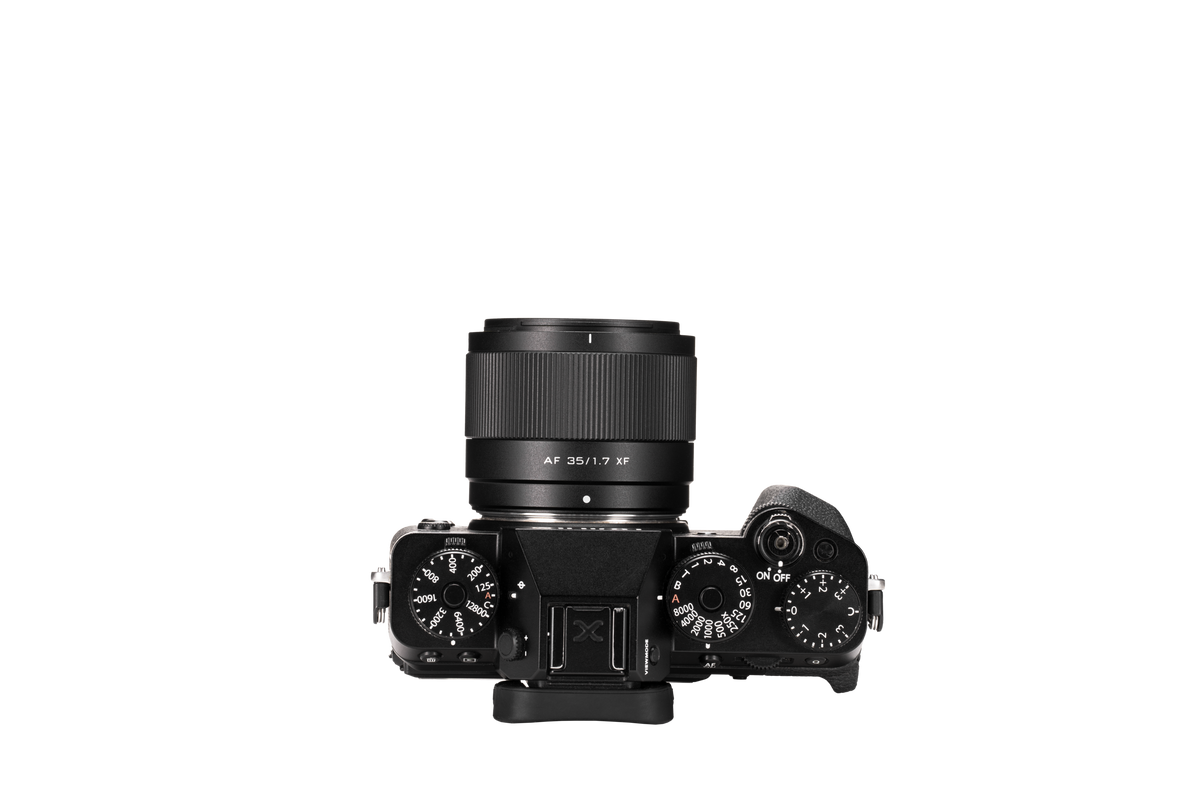 Viltrox Air AF 35mm f/1.7 XF on a black Fujifilm X-T5, top view