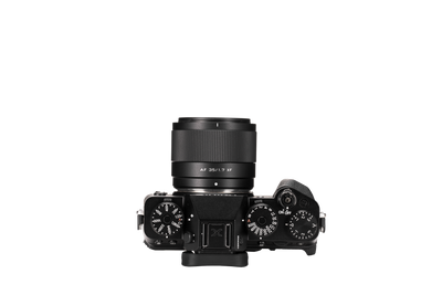 Viltrox Air AF 35mm f/1.7 XF on a black Fujifilm X-T5, top view