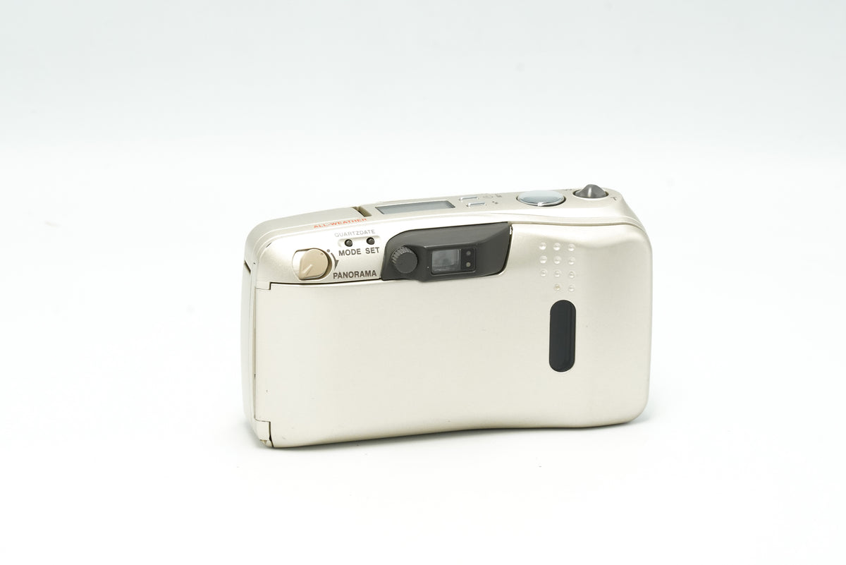 Olympus Mju Zoom 140, rear view with viewfinder and mode buttons