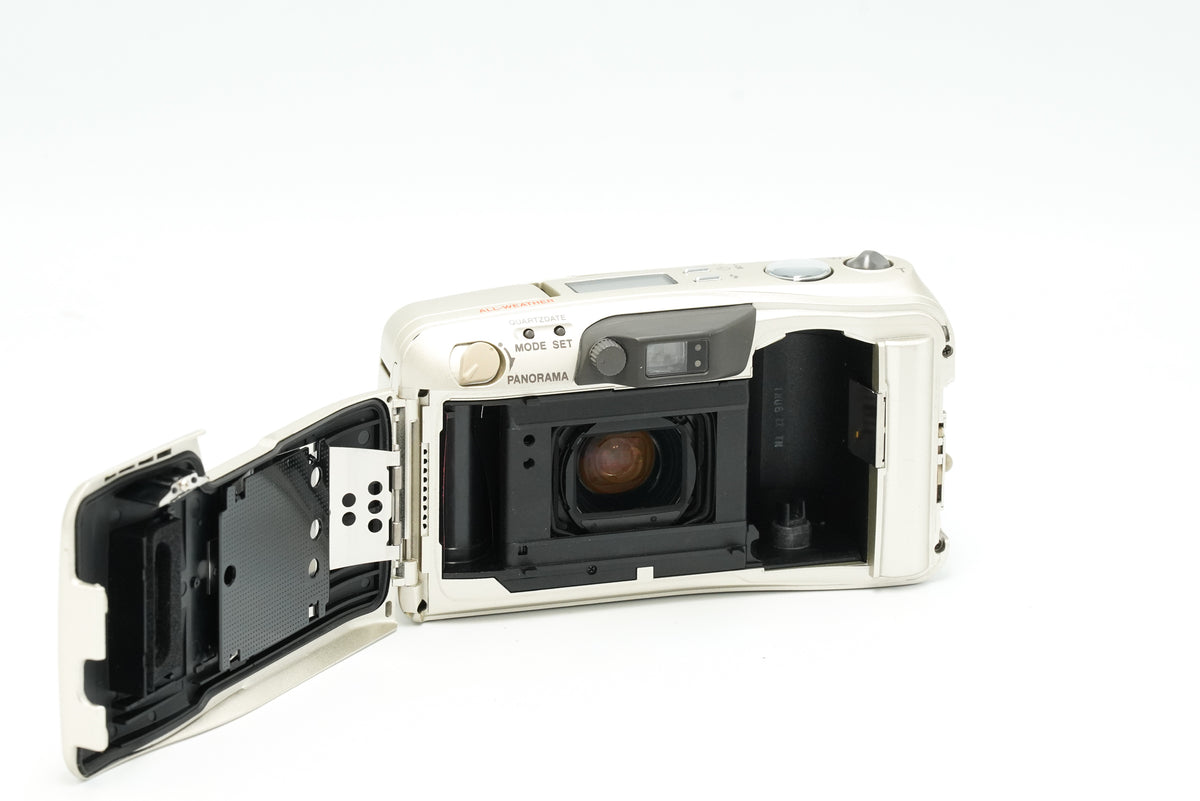 Olympus Mju Zoom 140 with the back open, showing the film chamber