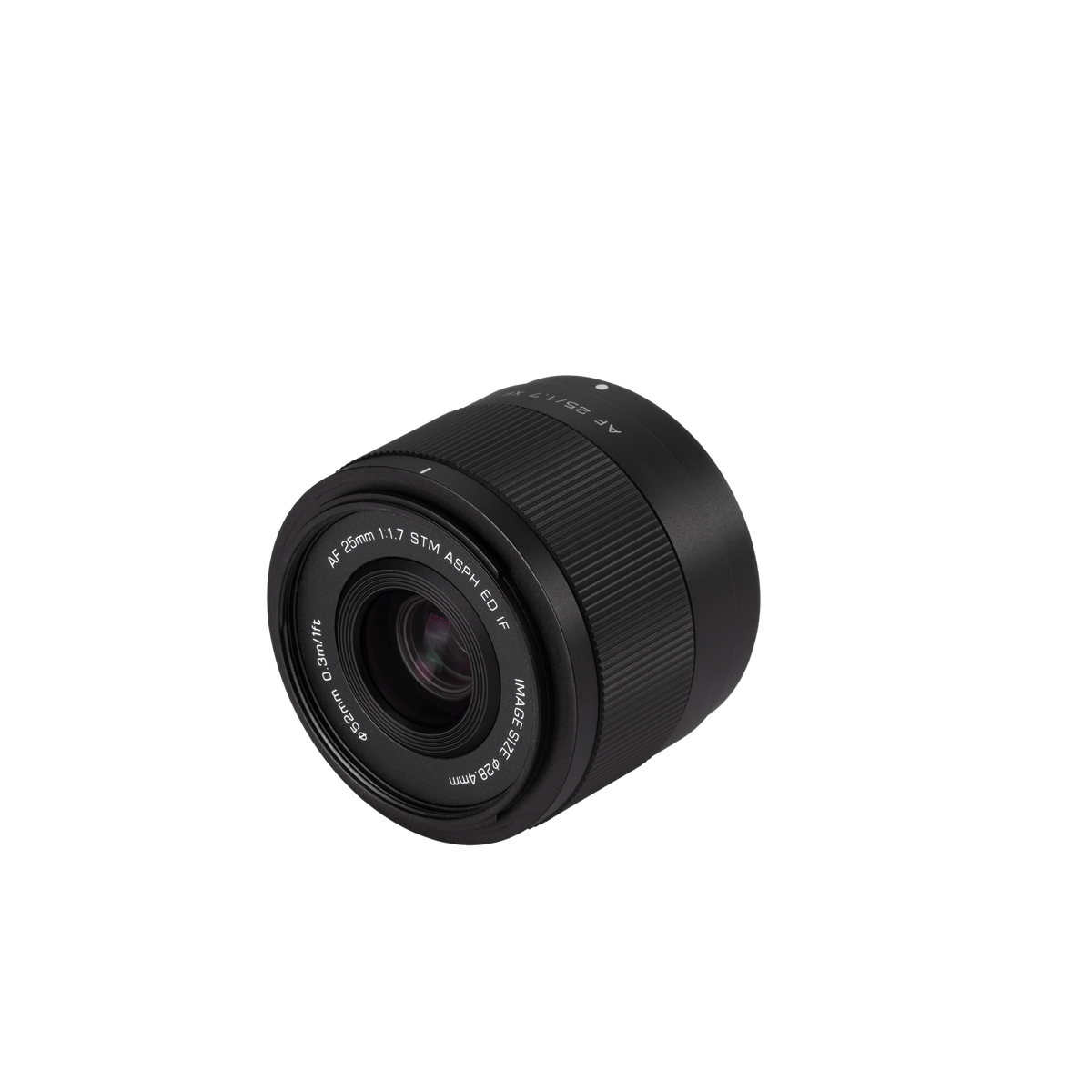Viltrox Air AF 25mm f/1.7 STM APS-C lens, angled view of the front element