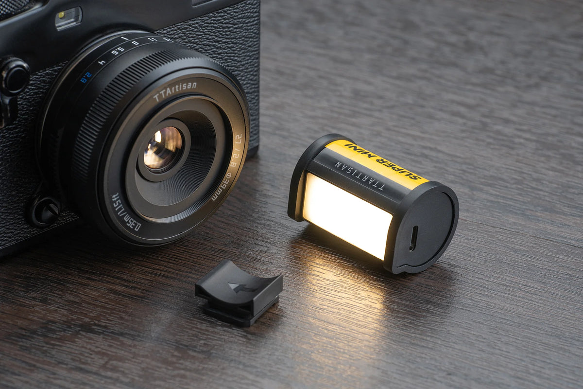 TTArtisan mini LED light switched on next to a camera and its mount