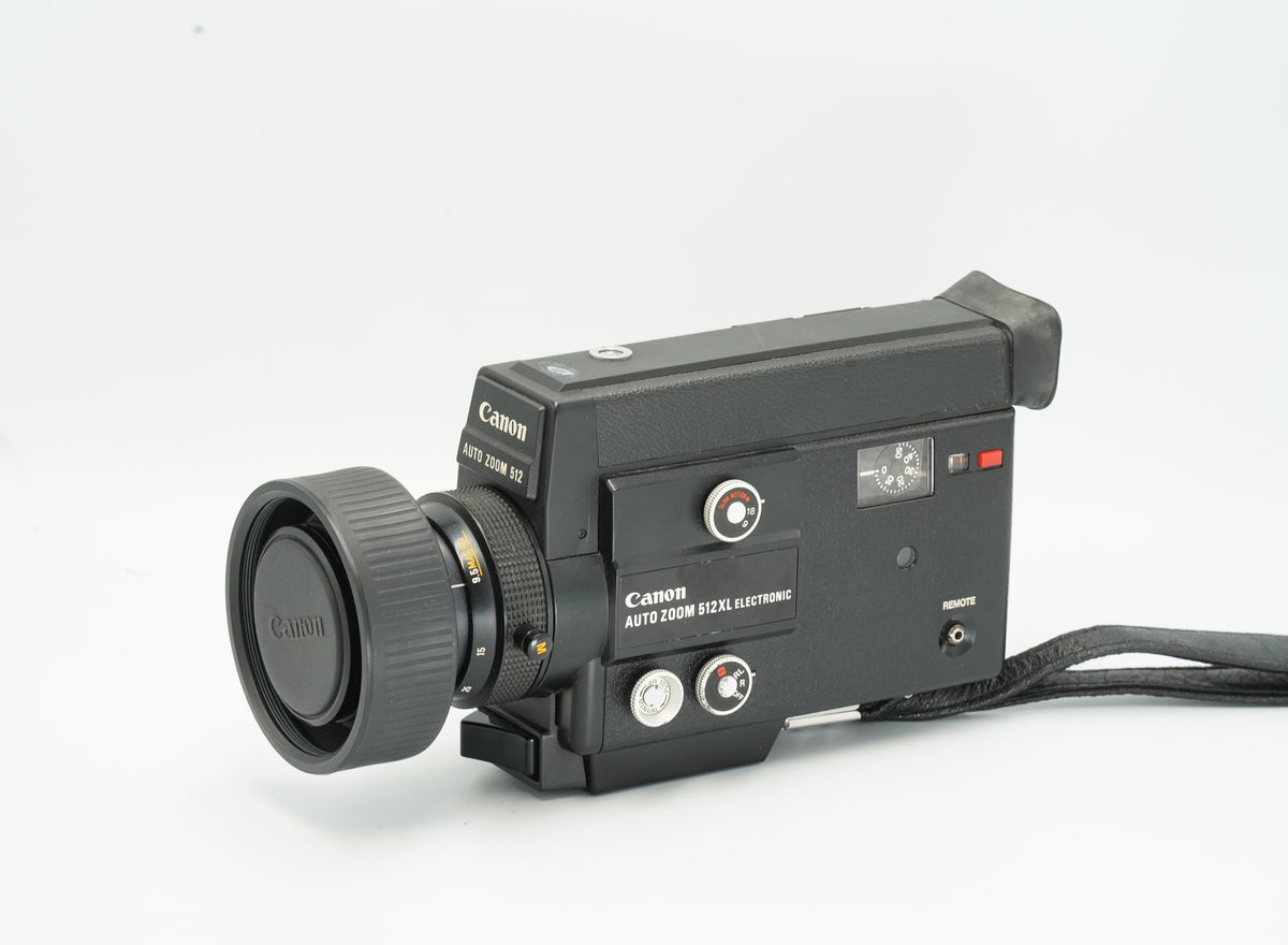 Canon Auto Zoom 512XL Electronic Super 8 camera, front three-quarter view with lens cap