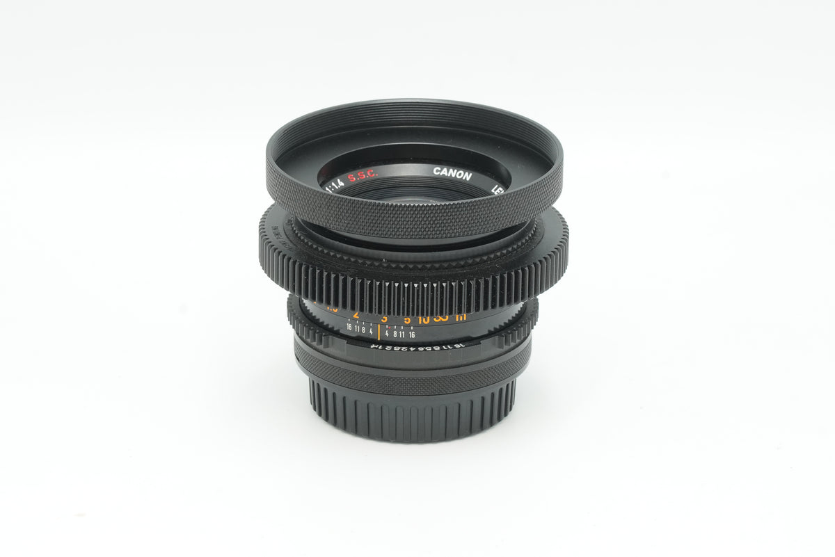 Canon FD 50mm f/1.4 S.S.C. cine mod with hood, focus gear and EF rear mount