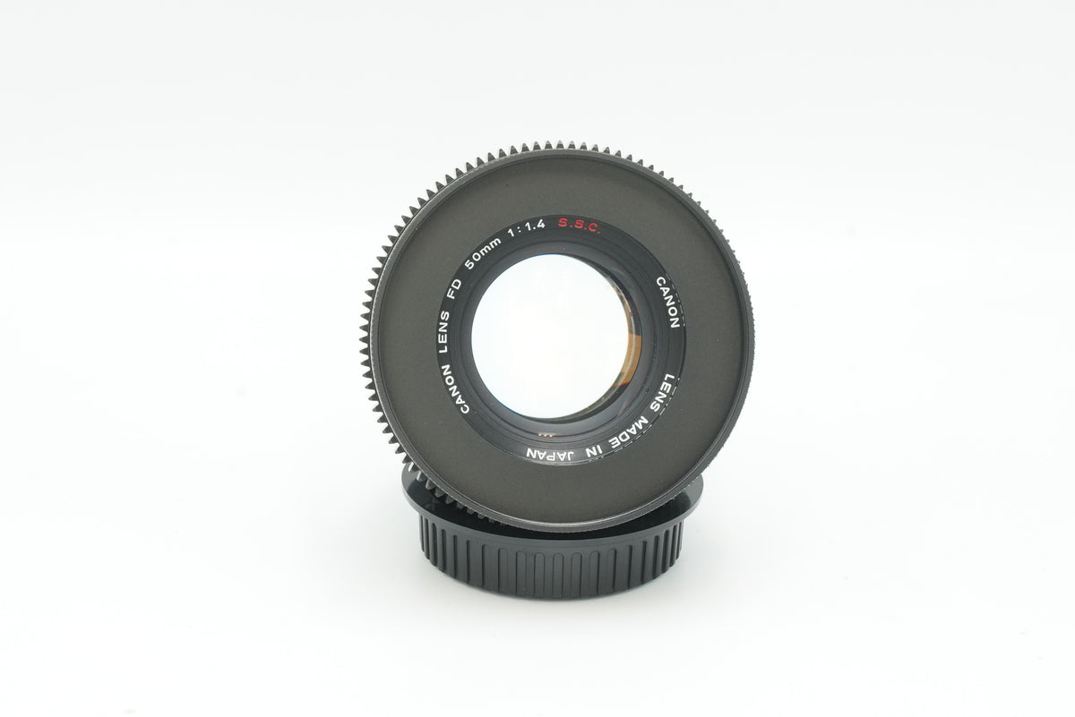 Canon FD 50mm f/1.4 S.S.C. cine mod, front view of the lens name ring