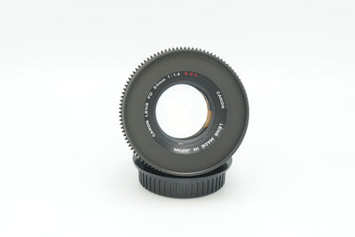 Canon FD 50mm f/1.4 S.S.C. cine mod, front view of the lens name ring