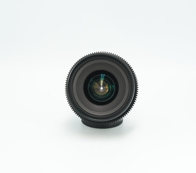 Canon nFD 20mm f/2.8 cine mod, front view with focus gear