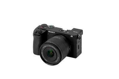 Viltrox Air AF 15mm f/1.7 on a Sony A6700 camera, front three-quarter view on white