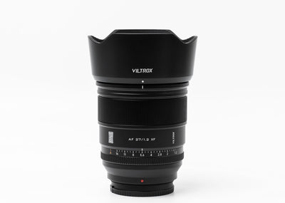 Viltrox AF 27mm f/1.2 Pro APS-C autofocus lens with petal hood
