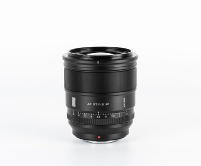 Viltrox AF 27mm f/1.2 Pro APS-C lens, front view with aperture ring