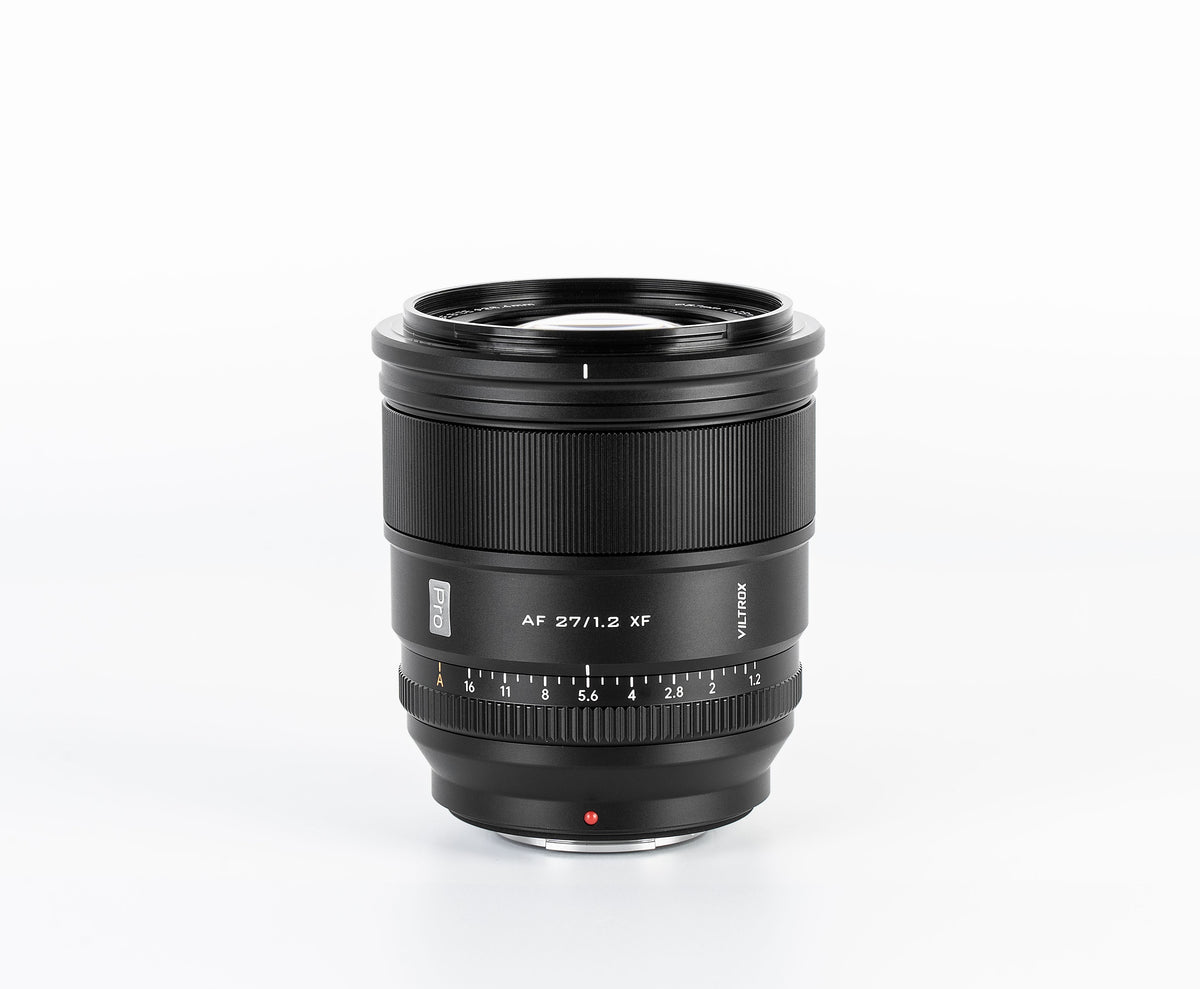 Viltrox AF 27mm f/1.2 Pro APS-C lens, front view with aperture ring