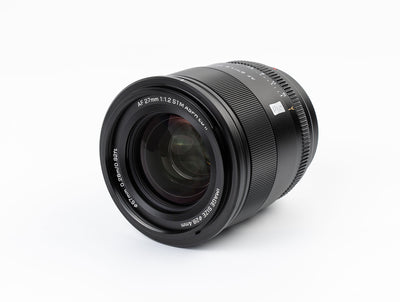 Viltrox AF 27mm f/1.2 Pro STM lens, angled view of the front element