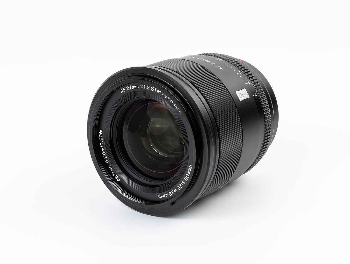Viltrox AF 27mm f/1.2 Pro STM lens, angled view of the front element
