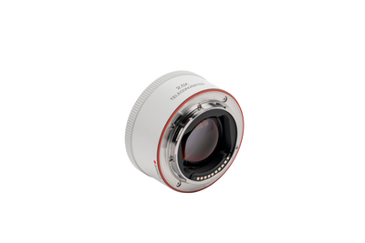 Viltrox 2.0x teleconverter rear mount, angled view on white