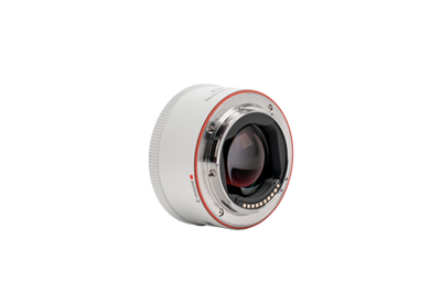 Viltrox 2.0x teleconverter rear mount on white, side angle