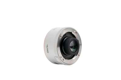 Viltrox 2.0x teleconverter, angled view on white with release lever