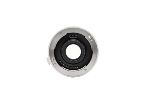 Viltrox 2.0x teleconverter front mount on white, straight-on view