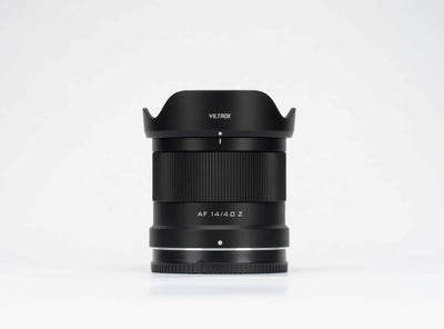 Viltrox Air AF 14mm f/4 Z full-frame ultra-wide autofocus lens for Nikon Z, with petal hood
