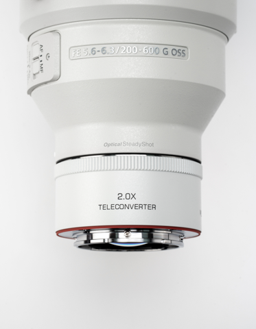 Viltrox 2.0x teleconverter attached to a Sony FE 200-600mm lens, close-up