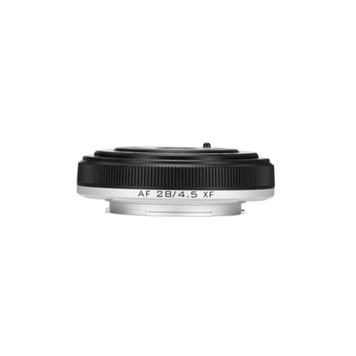 Viltrox AF 28mm f/4.5 XF pancake lens, side profile showing its slim body