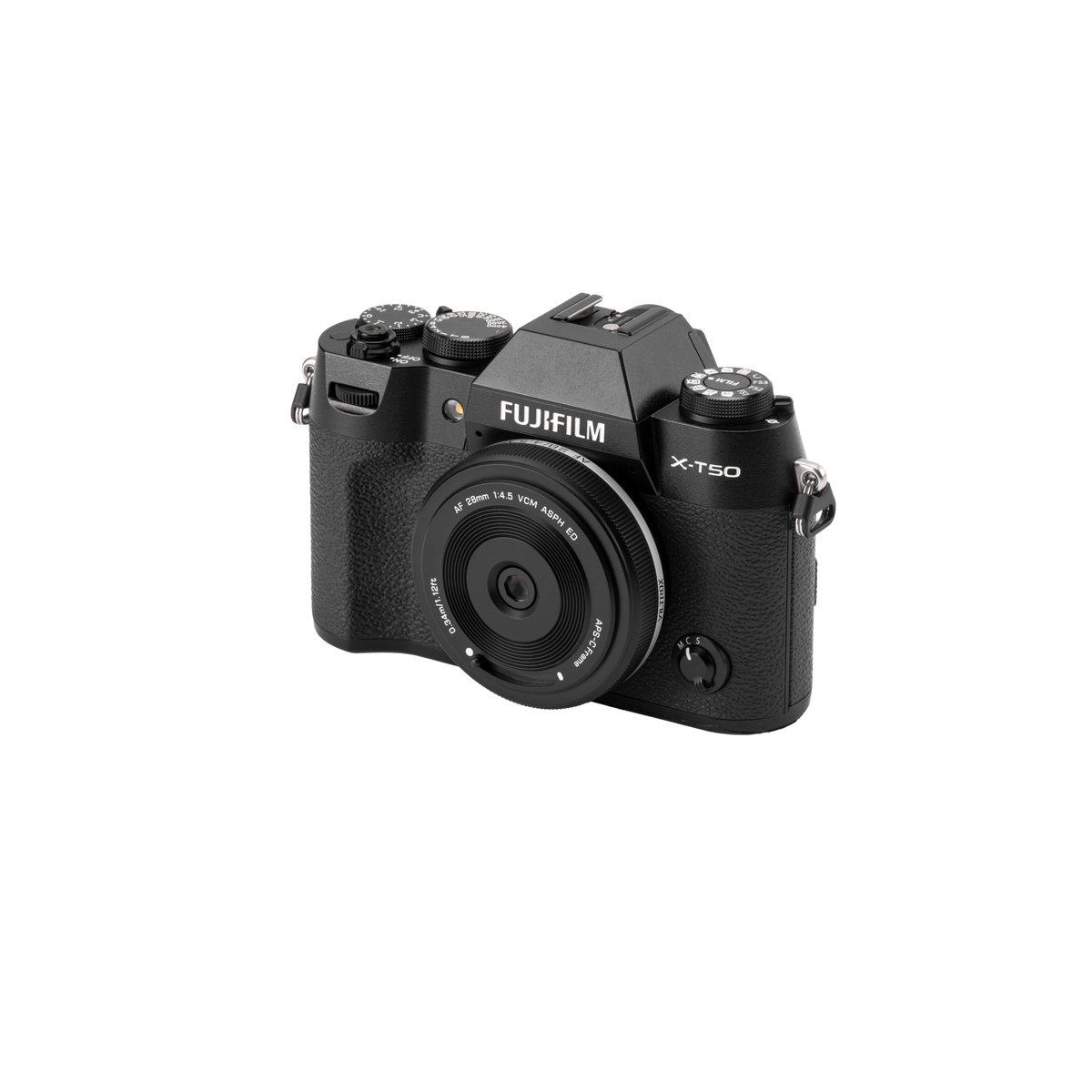 Viltrox AF 28mm f/4.5 XF pancake mounted on a black Fujifilm X-T50
