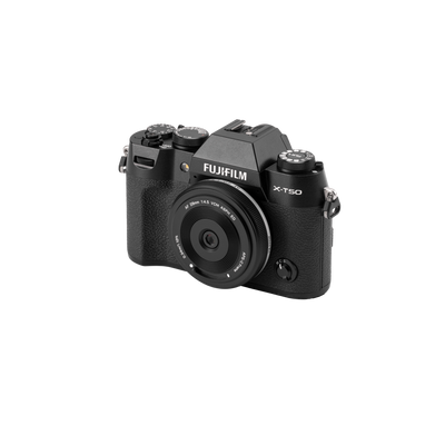 Viltrox AF 28mm f/4.5 XF pancake mounted on a black Fujifilm X-T50