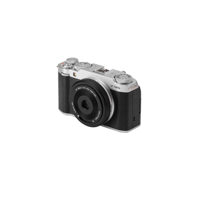 Viltrox AF 28mm f/4.5 XF pancake on a silver Fujifilm X-M5