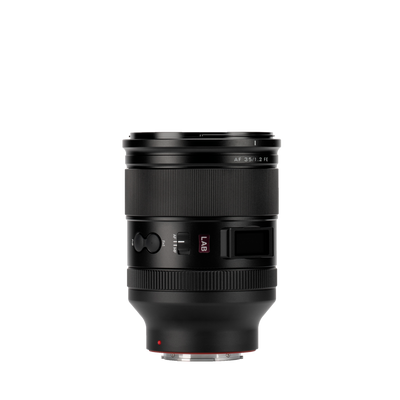 Viltrox LAB AF 35mm f/1.2 FE Sony E lens side view with LCD screen and focus buttons