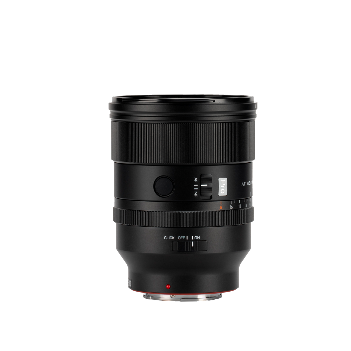 Viltrox AF 85mm f/1.4 Pro FE lens showing the focus hold button and de-click aperture switch