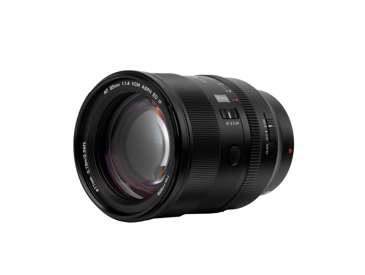 Viltrox AF 85mm f/1.4 Pro VCM autofocus lens, angled view of the front element