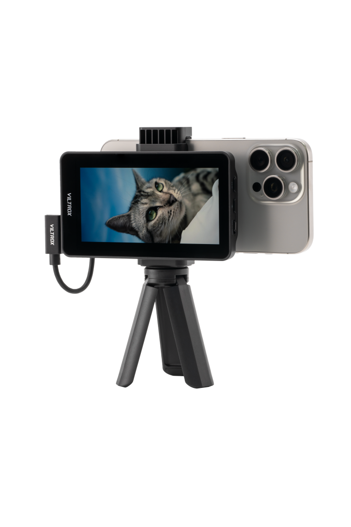 Viltrox DC-T1 with iPhone and cat on screen, mini tripod on white