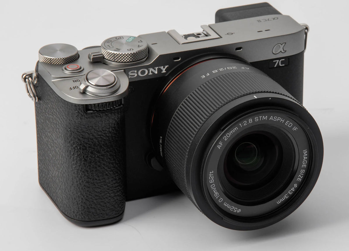 Viltrox Air AF 20mm f/2.8 FE mounted on a silver Sony A7C II camera