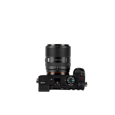 Viltrox AF 85mm f/2.0 FE on a Sony A7C II, top view on white