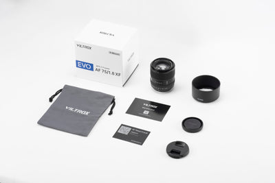 Viltrox AF 75mm f/1.8 XF box contents: lens, hood, pouch, caps and cards