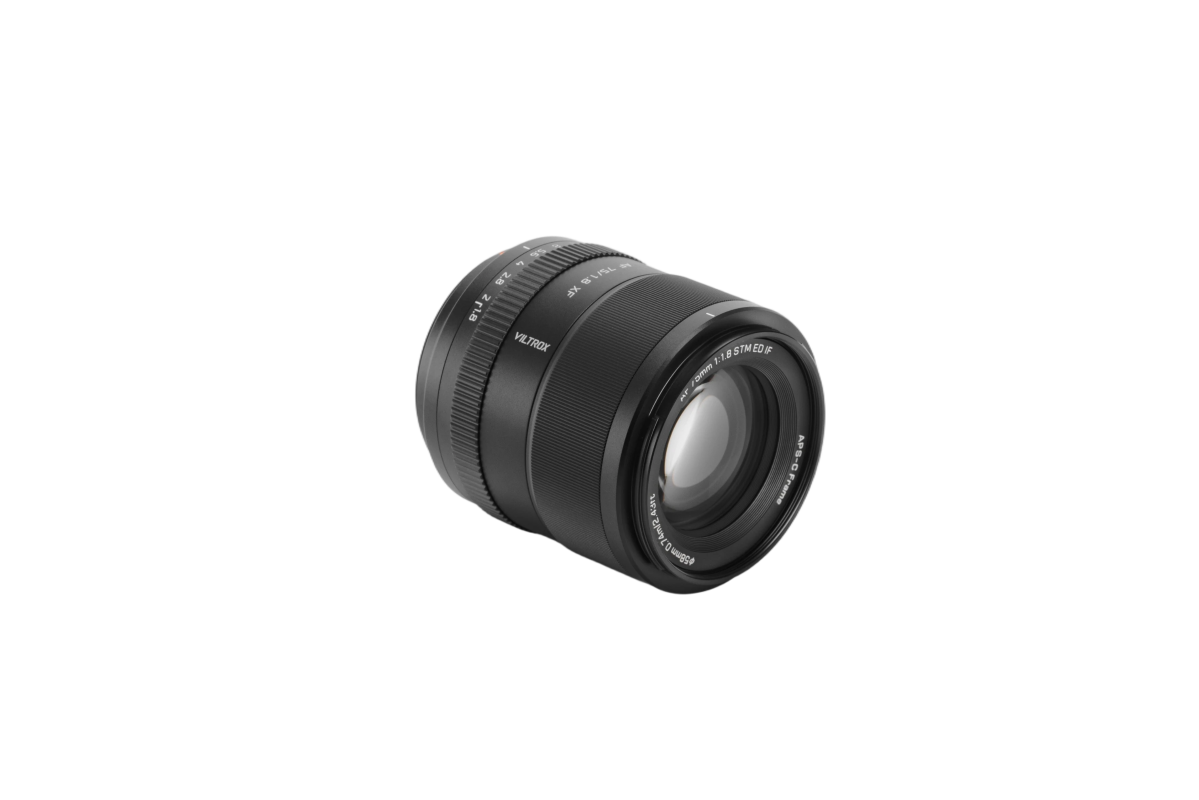 Viltrox AF 75mm f/1.8 XF APS-C lens, angled side view of the front element