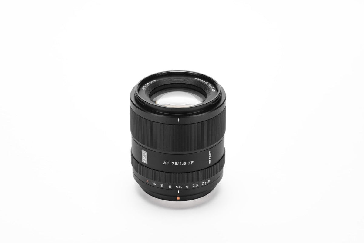 Viltrox AF 75mm f/1.8 XF Fuji X lens, angled view of the front element