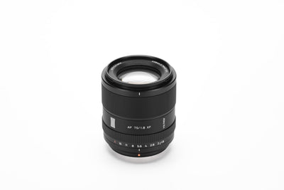 Viltrox AF 75mm f/1.8 XF Fuji X lens, angled view of the front element