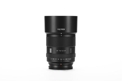 Viltrox AF 75mm f/1.8 XF Fuji X lens with round lens hood fitted