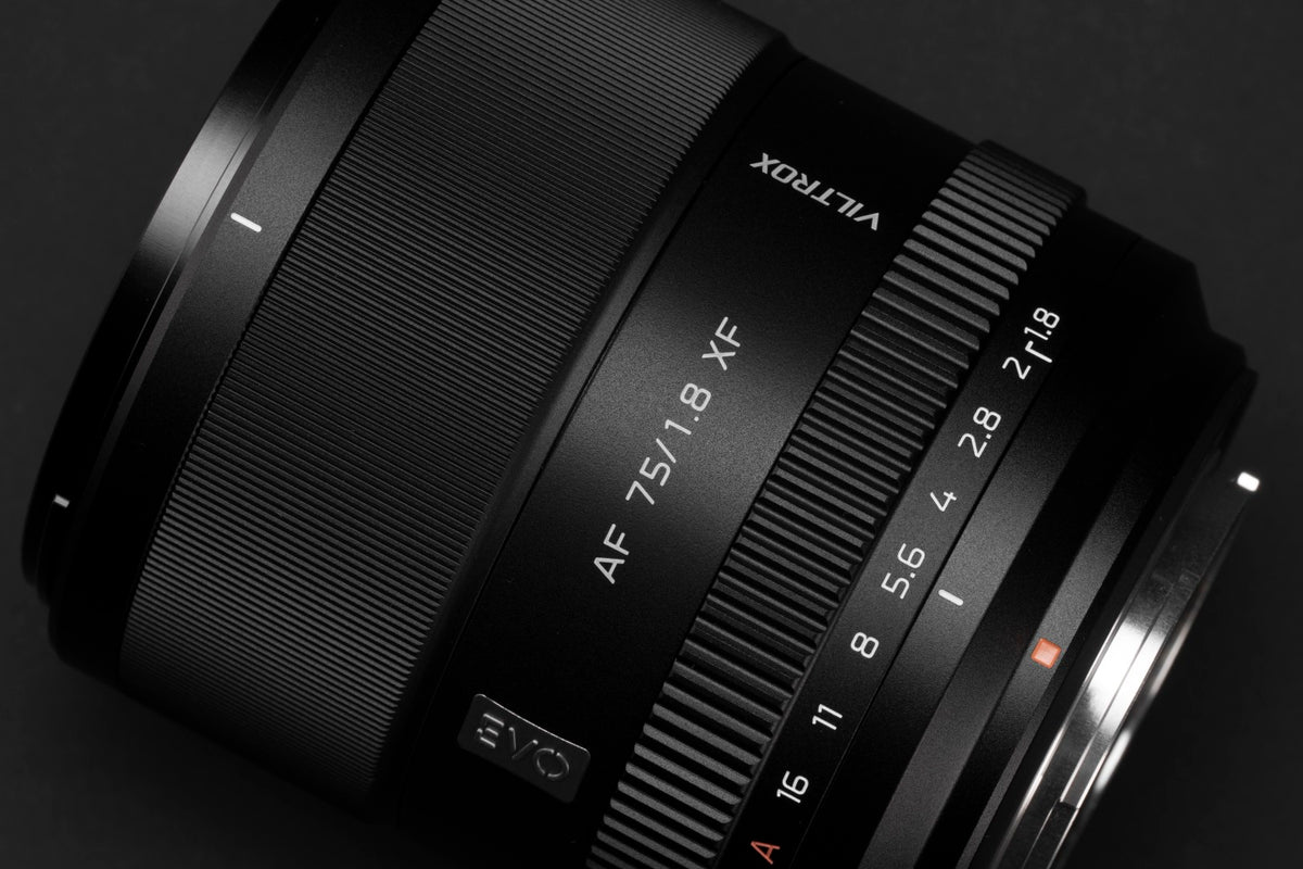Viltrox AF 75mm f/1.8 XF close-up of the aperture ring and EVO badge