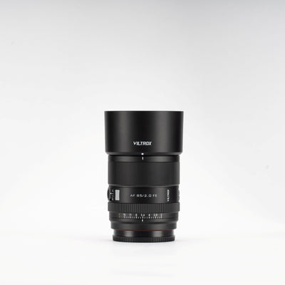 Viltrox AF 85mm f/2.0 FE EVO with round lens hood fitted