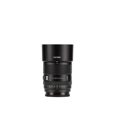 Viltrox AF 85mm f/2.0 FE EVO full-frame autofocus portrait lens for Sony E-mount, with hood