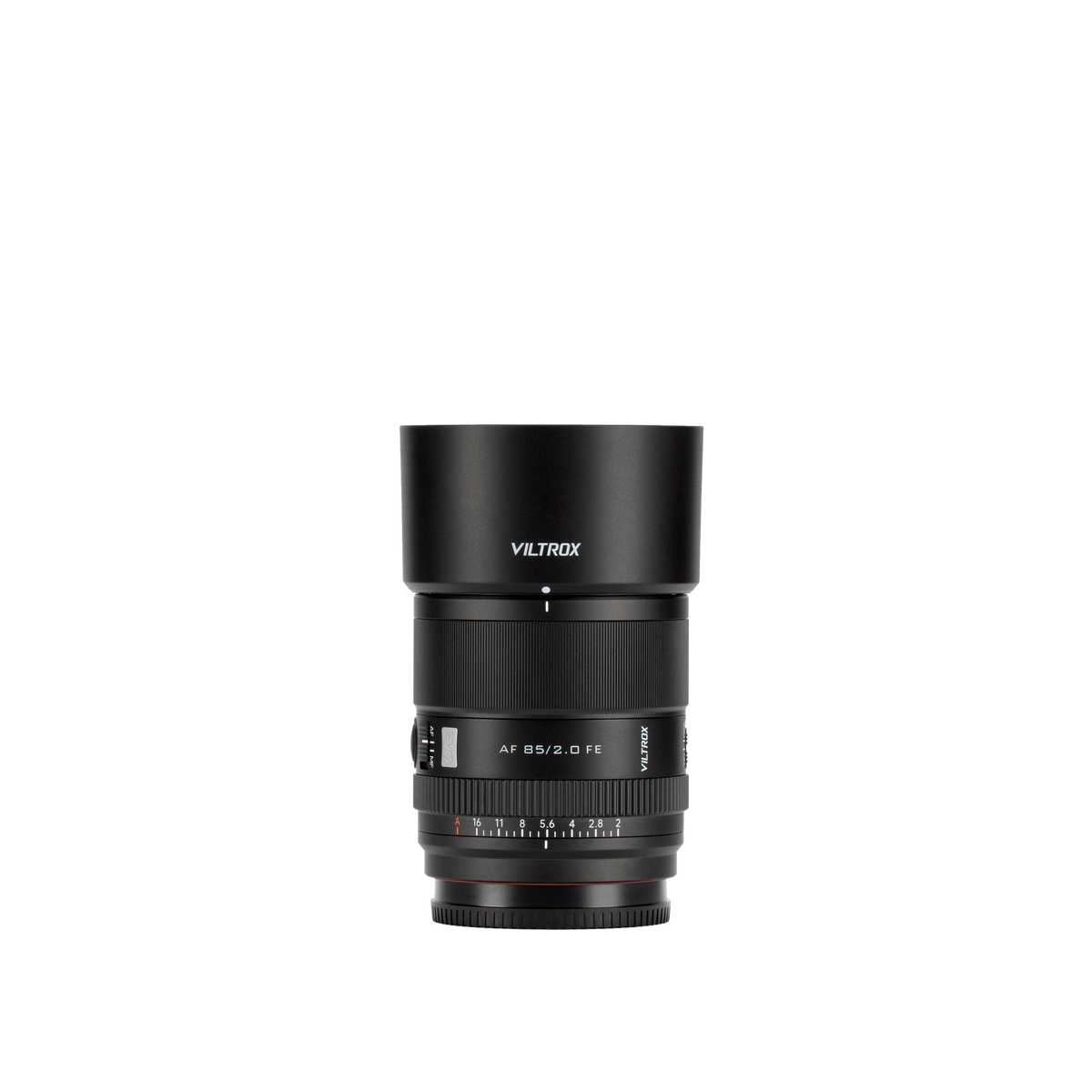 Viltrox AF 85mm f/2.0 FE EVO full-frame autofocus portrait lens for Sony E-mount, with hood