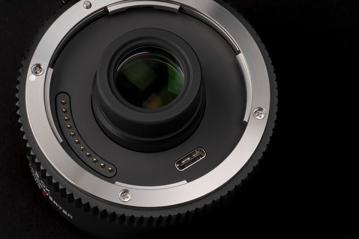 Viltrox 2.0x teleconverter, mount view with electronic contacts and USB-C port