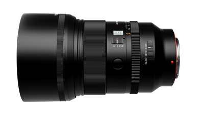 Viltrox AF 85mm f/1.4 Pro Sony E lens side profile with hood, AF/MF switch and aperture click switch