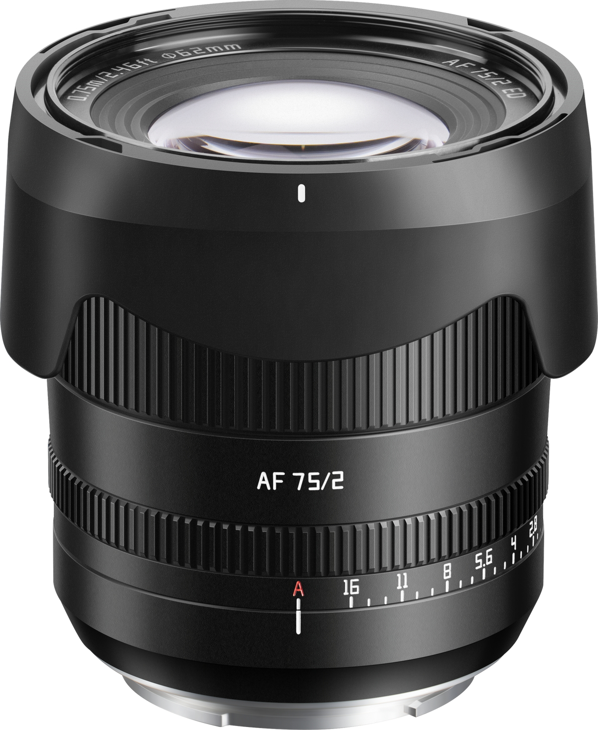 TTArtisan AF 75mm f/2 full frame autofocus lens with hood attached