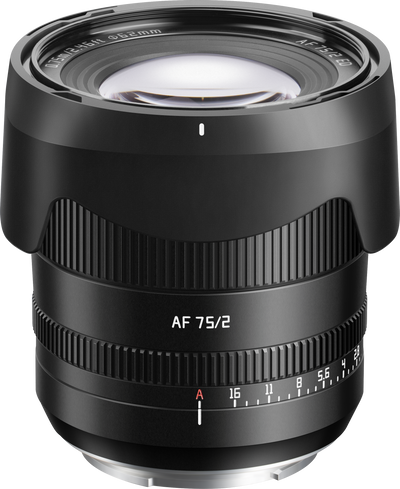 TTArtisan AF 75mm f/2 full frame autofocus lens with hood attached