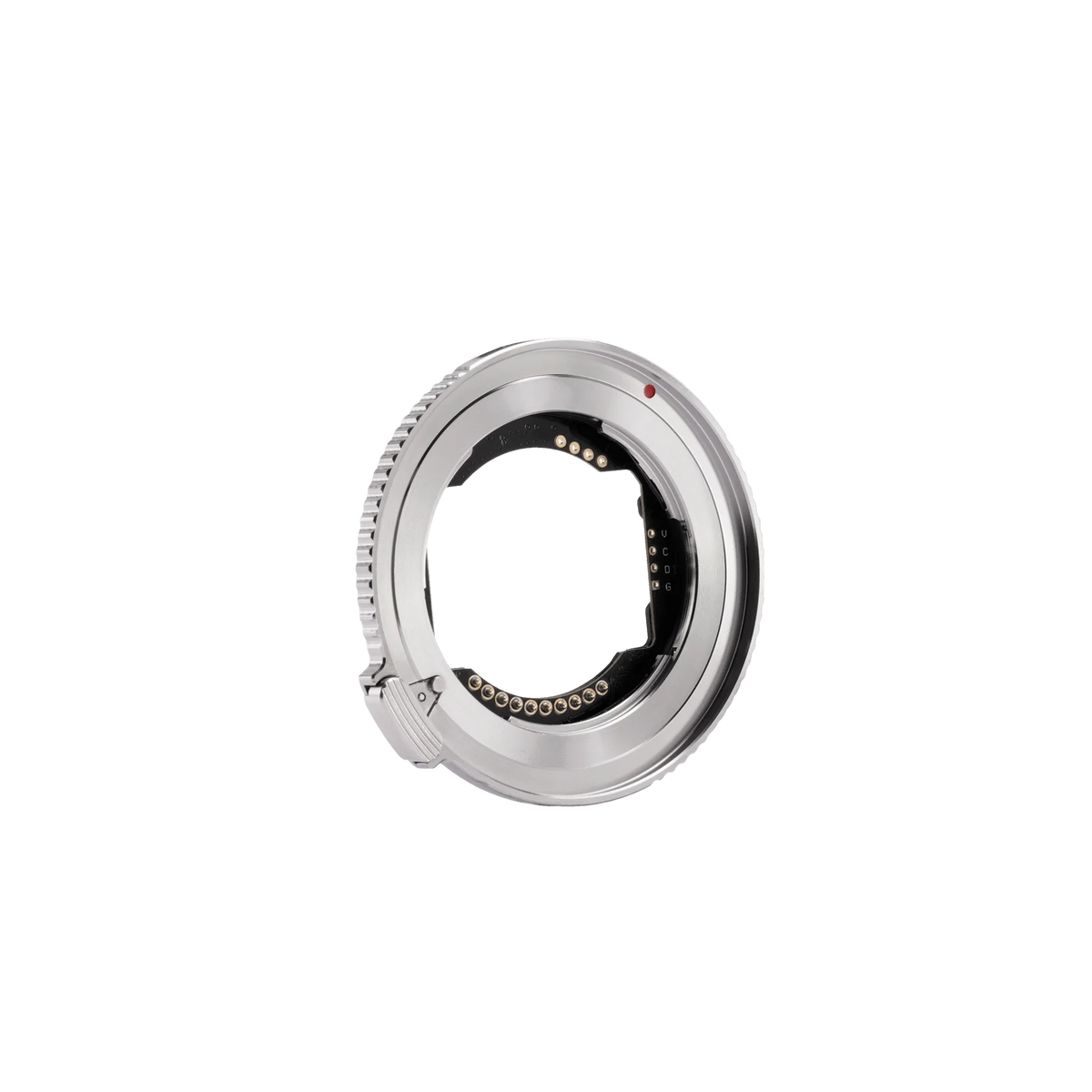 Viltrox Sony E to Nikon Z autofocus adapter, angled view with release lever