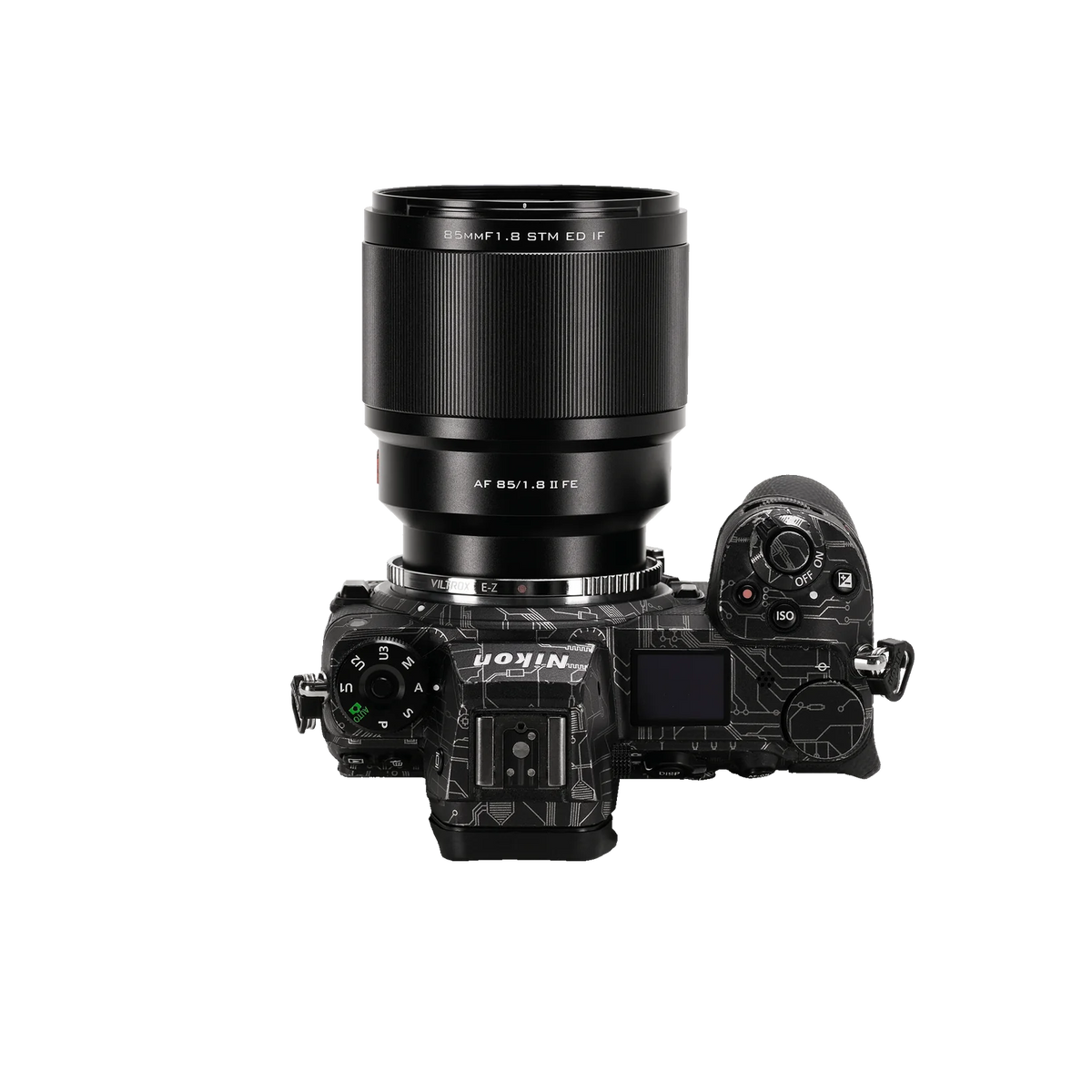 Viltrox AF 85mm Sony E lens on a Nikon Z camera with the E-Z adapter, top view